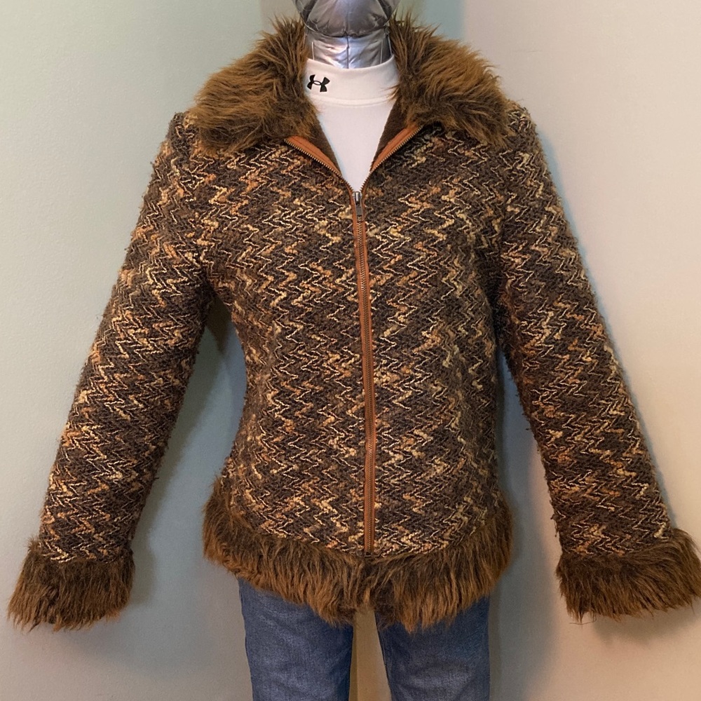 Women's Brown Faux Fur Trim Jacket